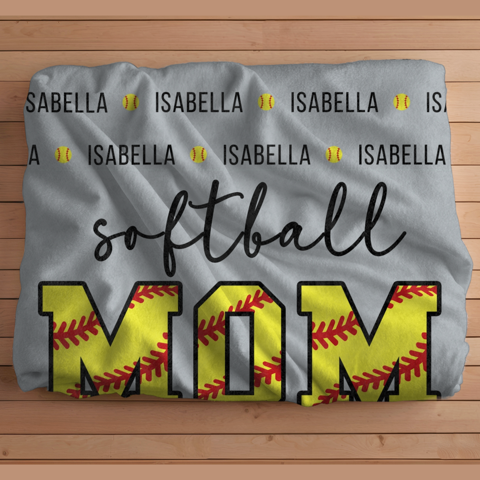 softball mom blanket shown in chambray