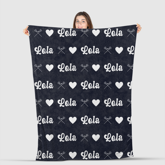 Lacrosse Gift Personalized Lacrosse Blanket with Name and Hearts