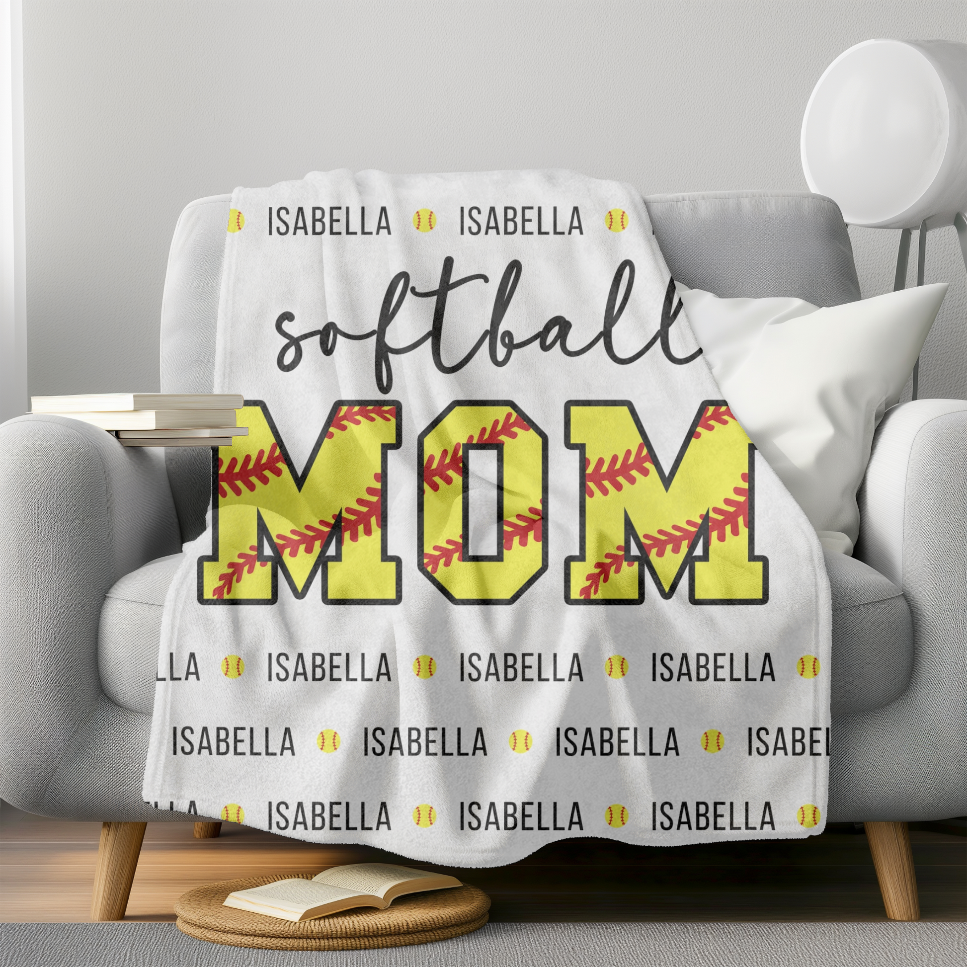softball mom blanket shown in white