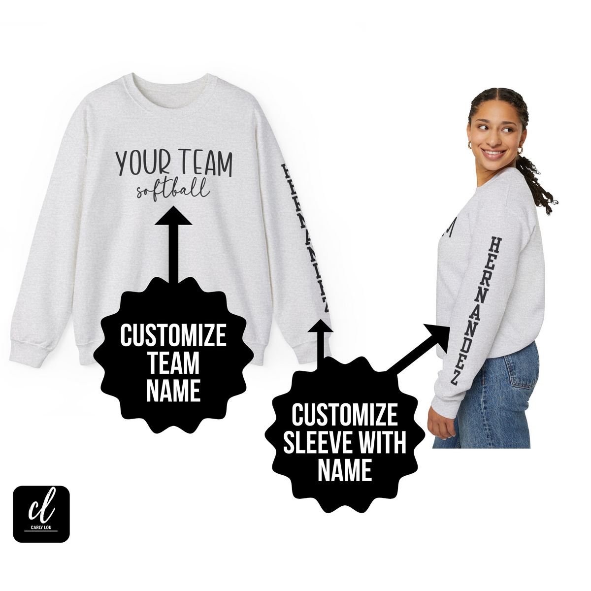 Custom Softball Sweatshirt with Team Name and Custom Name Sleeve