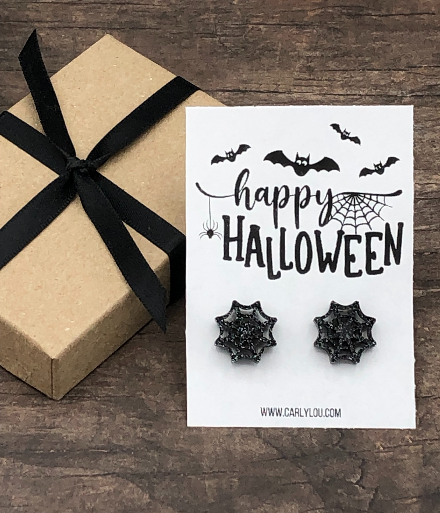 black glitter spider web earrings