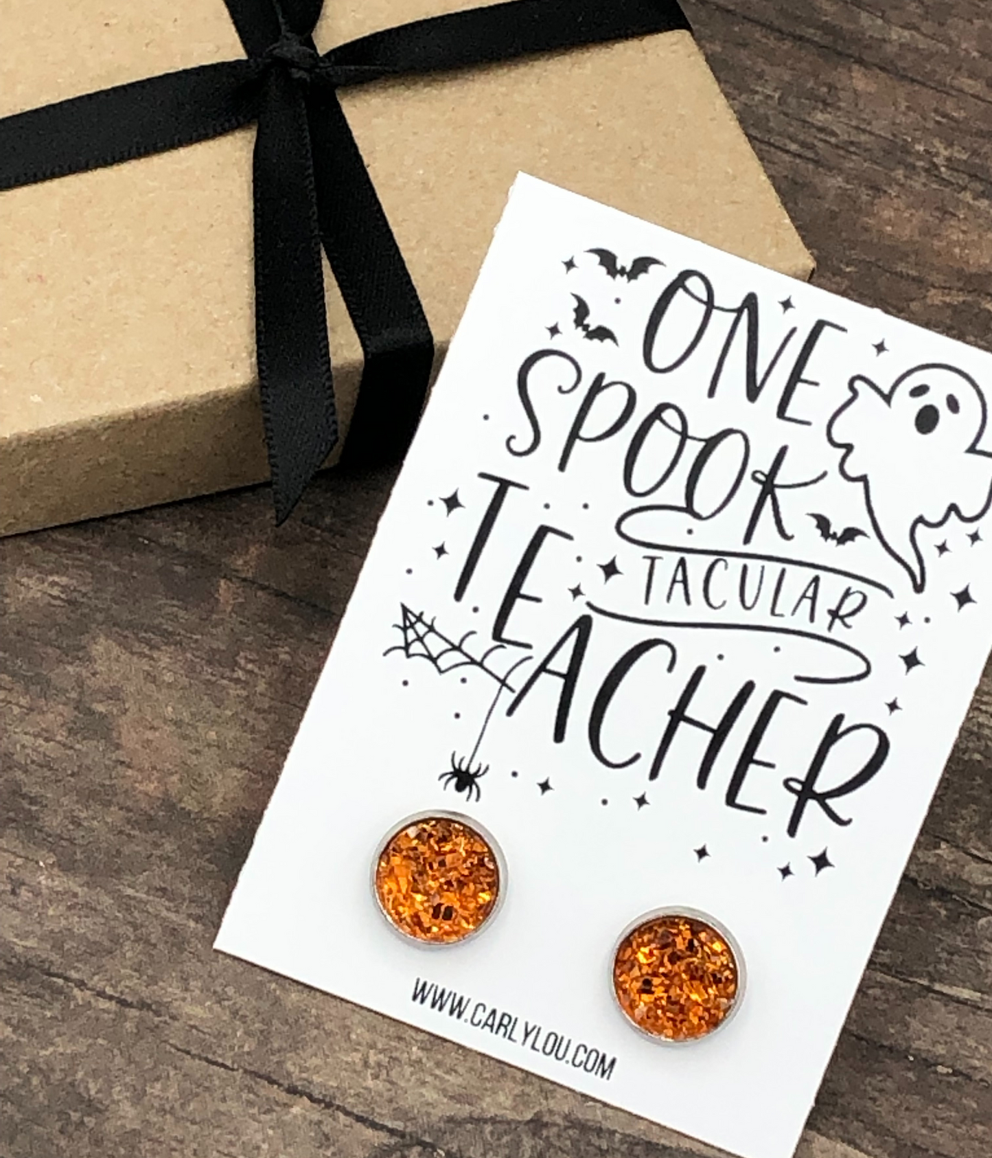 teacher halloween earrings - one spook tacular teacher - orange druzy earrings closeup