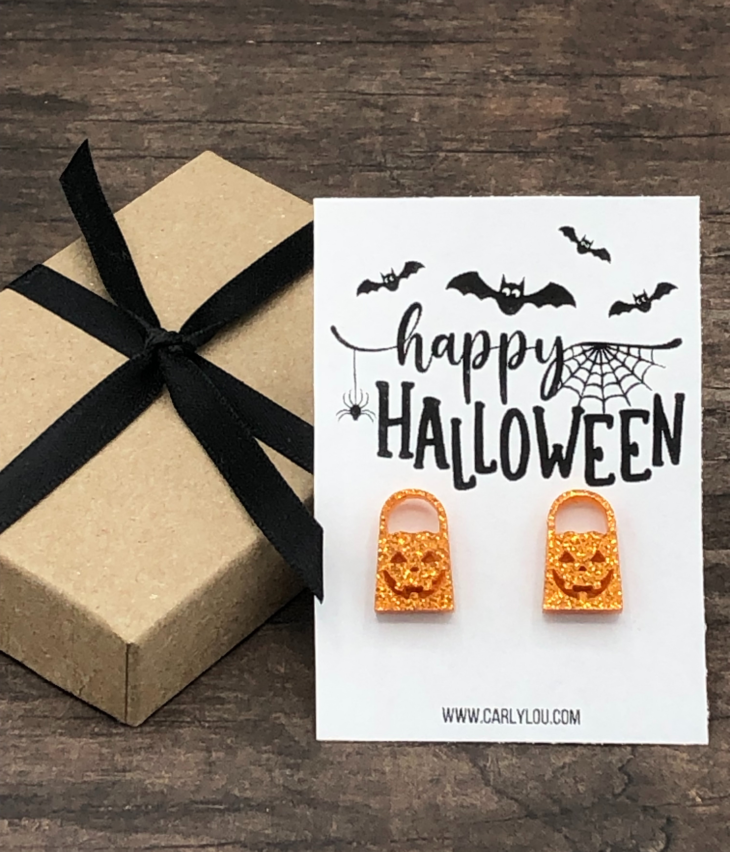orange glitter trick or treat bag earrings