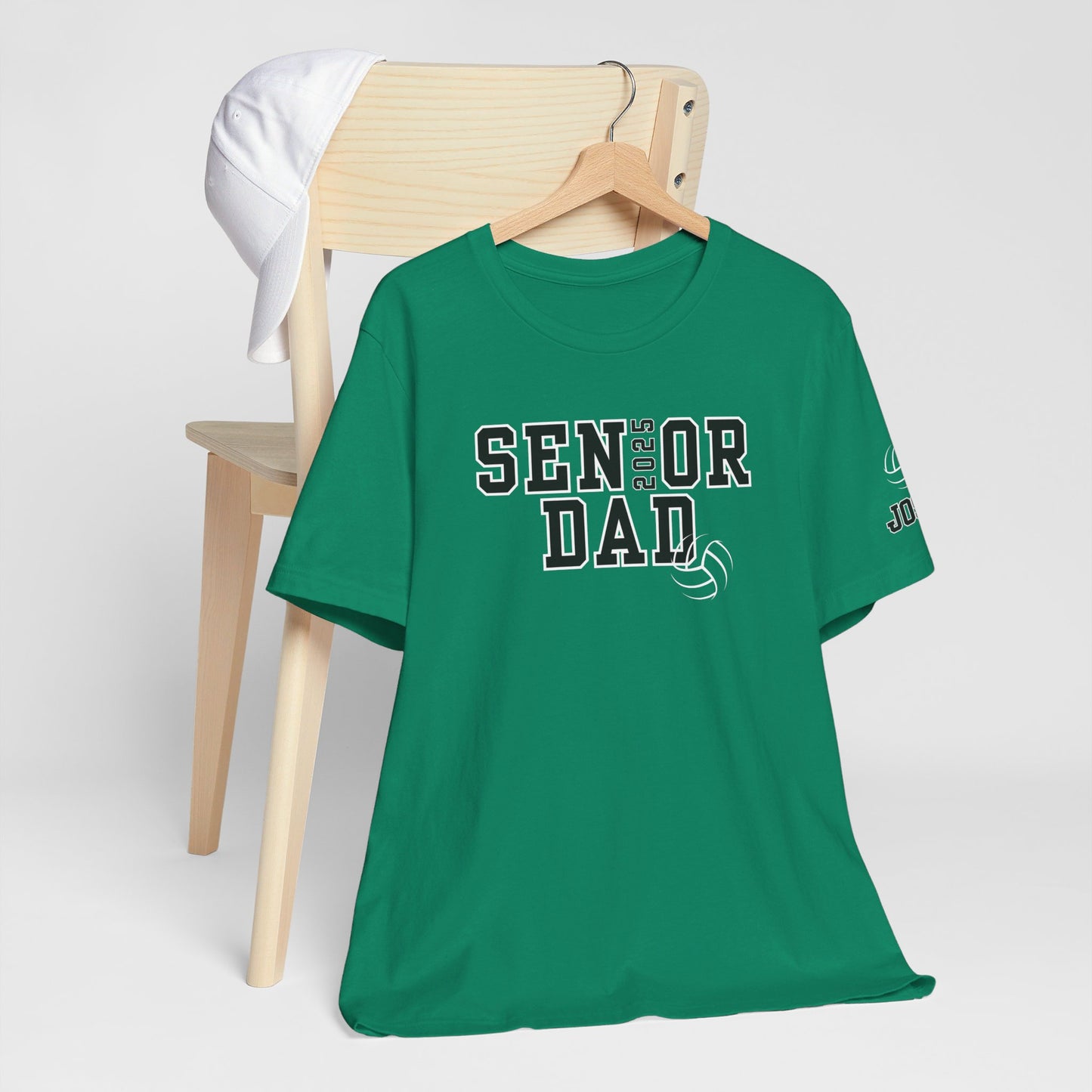 Custom Senior Volleyball Mom Shirt Name on Sleeve Volleyball Shirt Volleyball Dad Shirt Volleyball Gifts Matching Shirts Volleyball tshirt Volleyball Mom and Dad Shirts Volleyball tshirt family shown in kelly green