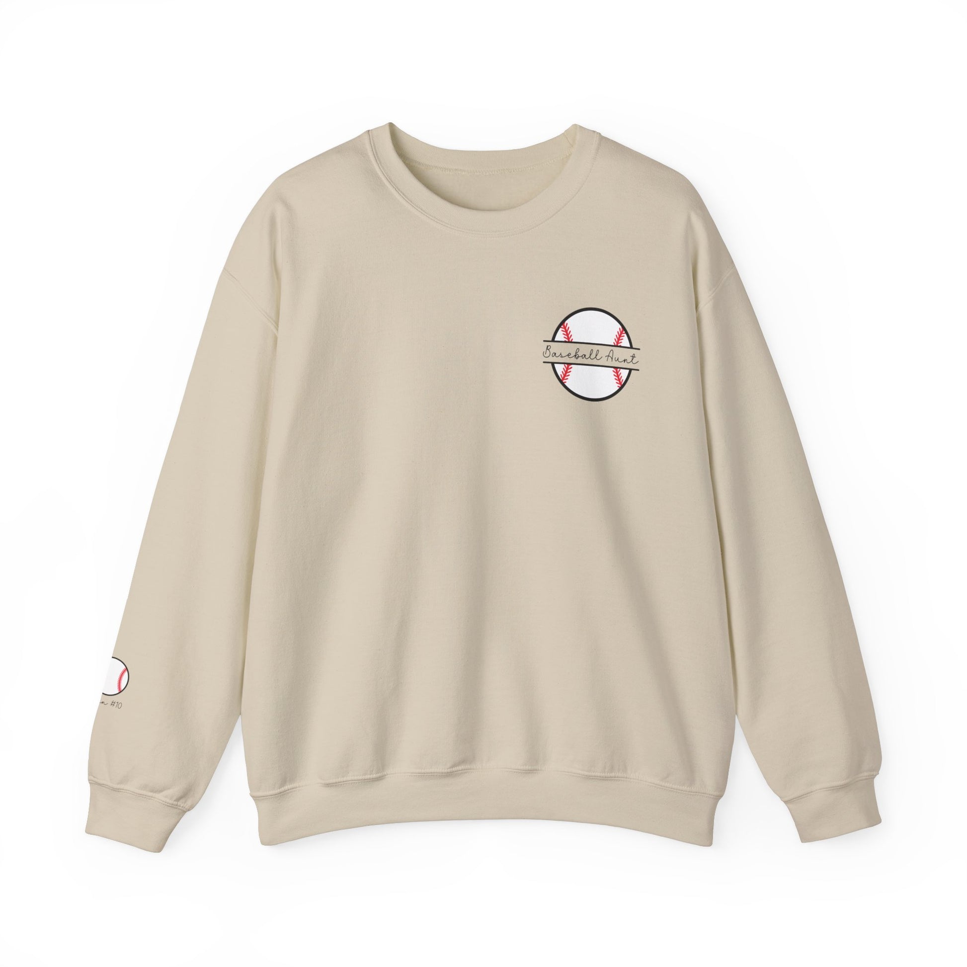 Custom Sleeve Print Baseball Aunt Sweatshirt Personalized with Name on Sleeve shown in sand