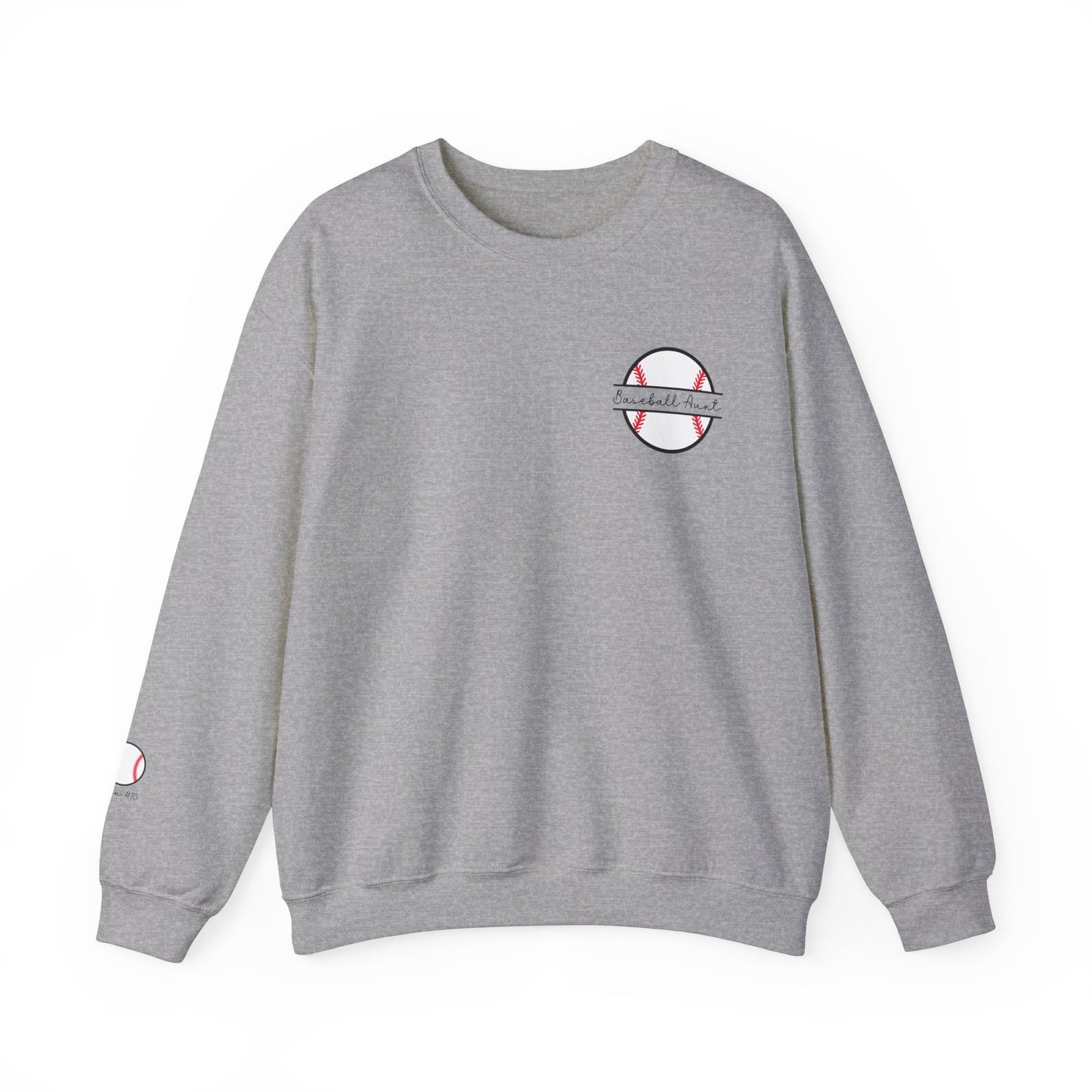 Custom Sleeve Print Baseball Aunt Sweatshirt Personalized with Name on Sleeve shown in sport grey