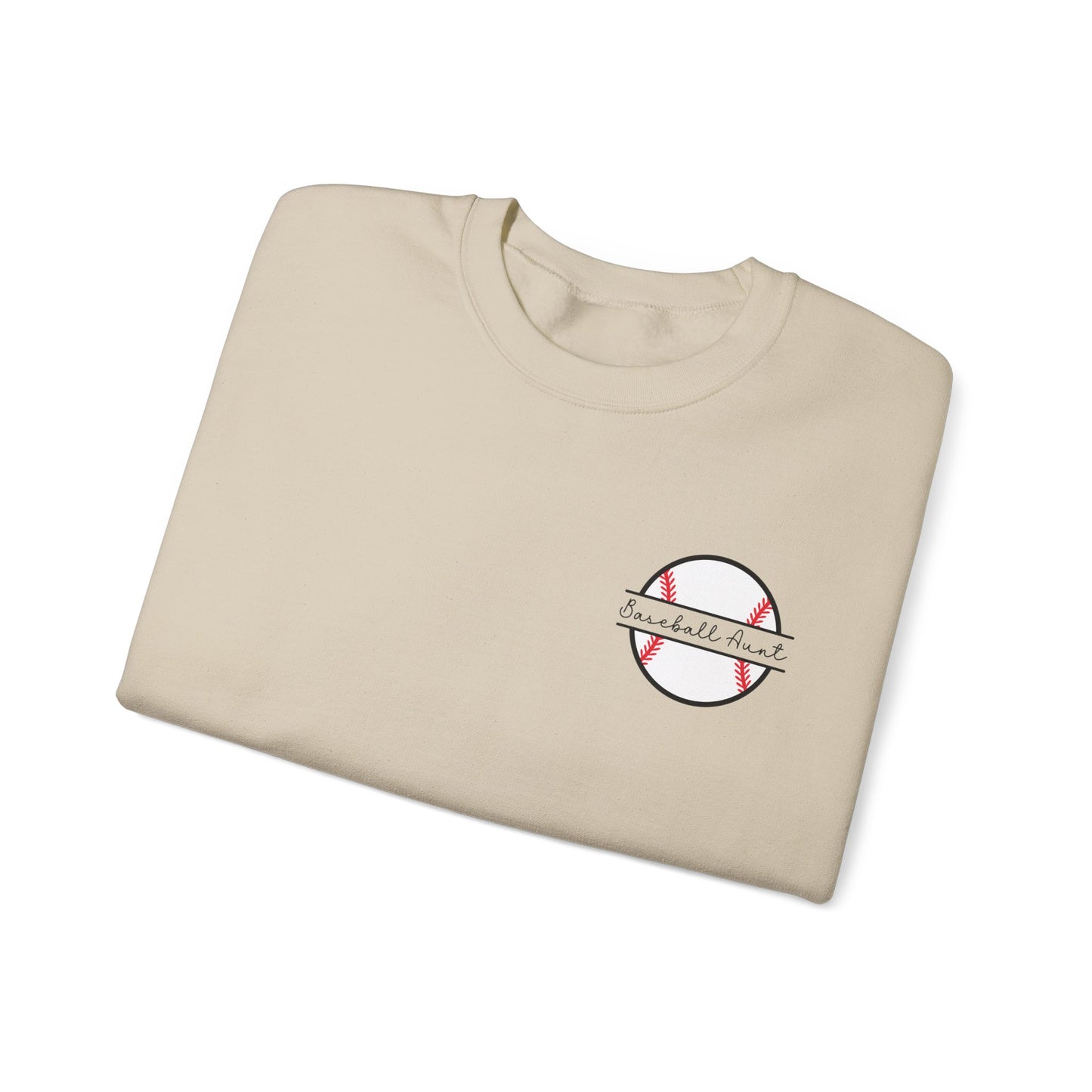 Custom Sleeve Print Baseball Aunt Sweatshirt Personalized with Name on Sleeve shown in sand