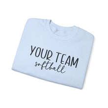 Load image into Gallery viewer, Custom Softball Sweatshirt with Team Name and Custom Name Sleeve shown in light blue
