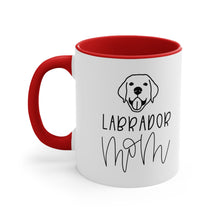 Load image into Gallery viewer, labrador mom mug - shown with red accent christmas mug and black labrador
