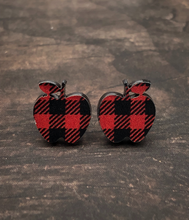 Load image into Gallery viewer, Teacher appreciation gift - apple earring choices - red and black plaid
