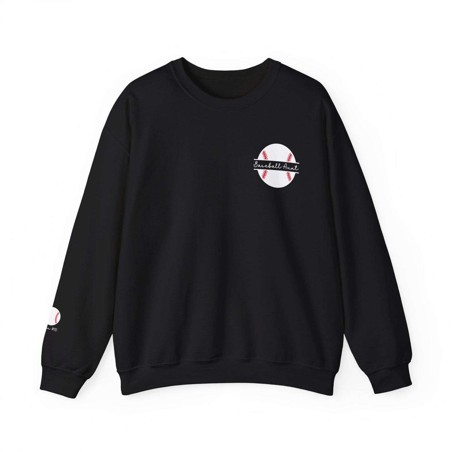 Custom Sleeve Print Baseball Aunt Sweatshirt Personalized with Name on Sleeve shown in black