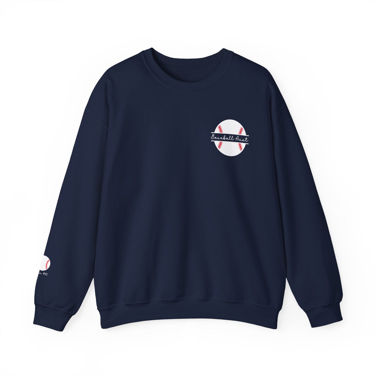 Custom Sleeve Print Baseball Aunt Sweatshirt Personalized with Name on Sleeve shown in navy