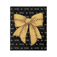 Load image into Gallery viewer, Personalized Softball Blanket Customizable with Softball Player Name, Number and Softball Coquette Bow
