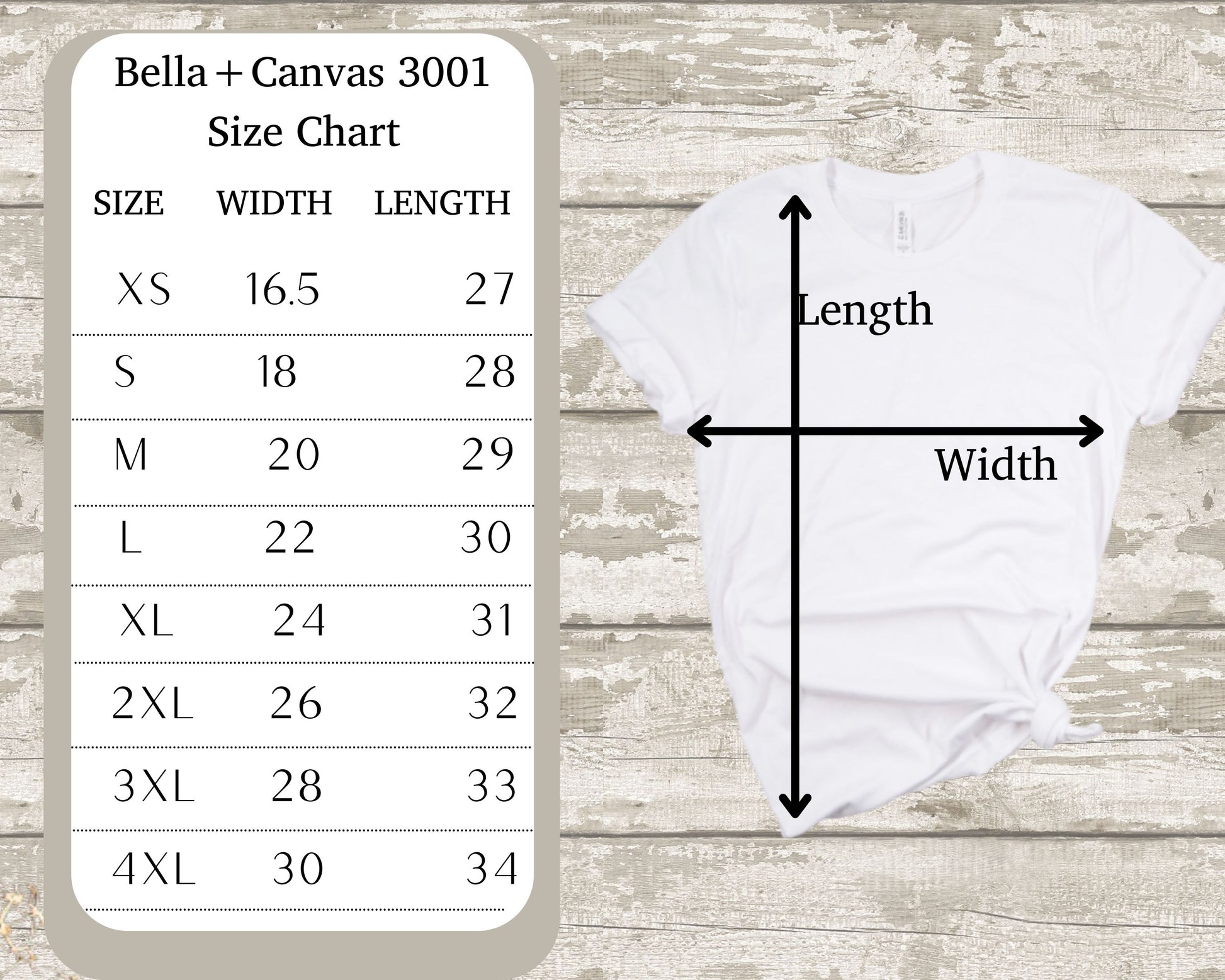 bella canvas t-shirt size chart