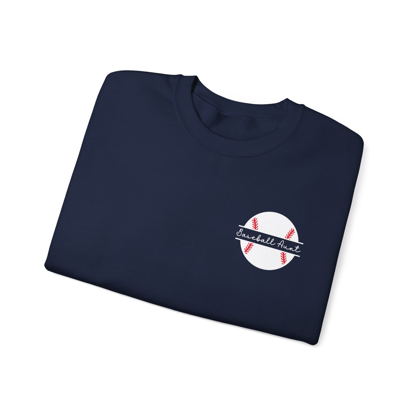 Custom Sleeve Print Baseball Aunt Sweatshirt Personalized with Name on Sleeve shown in navy