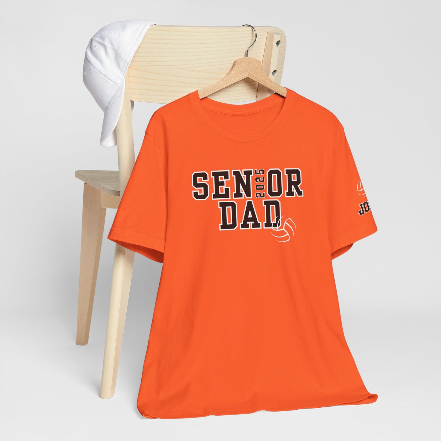 Custom Senior Volleyball Mom Shirt Name on Sleeve Volleyball Shirt Volleyball Dad Shirt Volleyball Gifts Matching Shirts Volleyball tshirt Volleyball Mom and Dad Shirts Volleyball tshirt family shown in orange