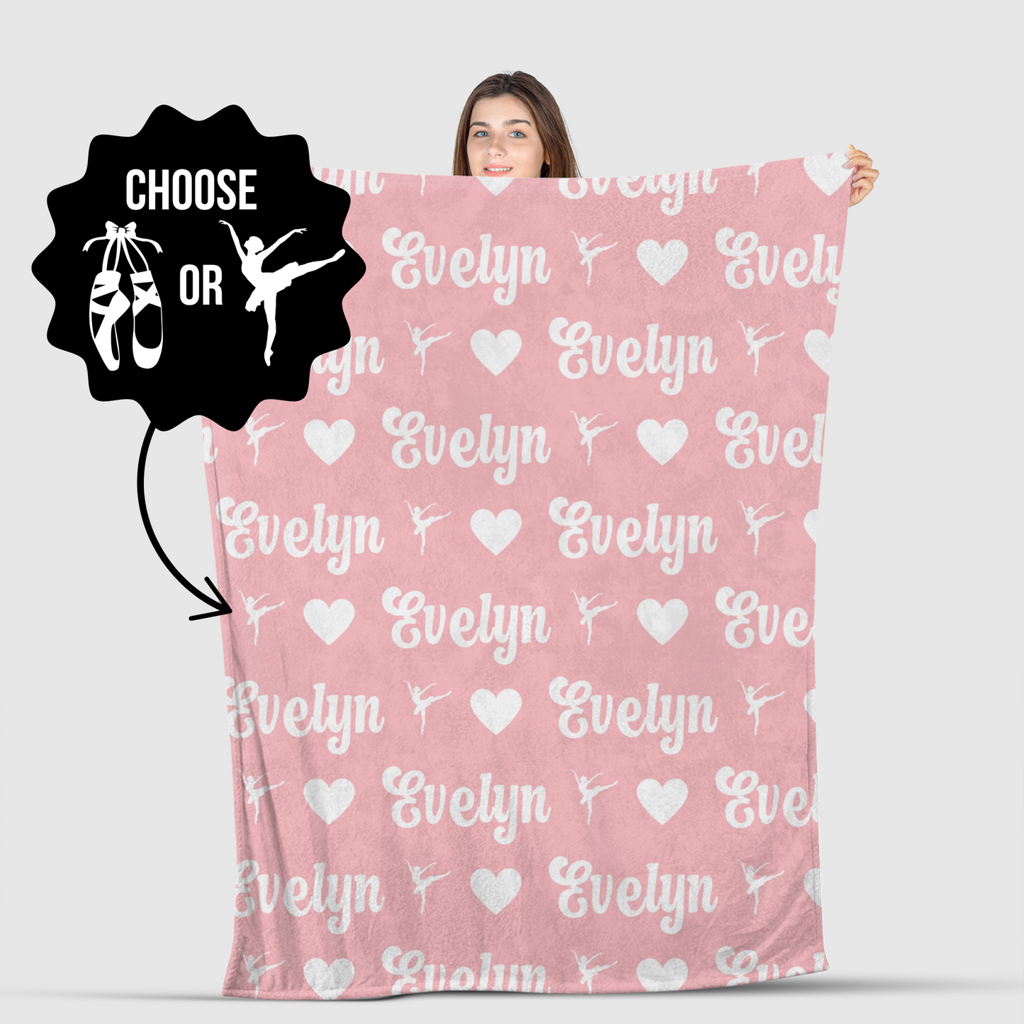 girl holding ballerina blanket featuring custom name, hearts and a dancing ballerina