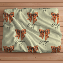 Load image into Gallery viewer, Personalized Basketball Blanket with Basketball Player Name, Number &amp; Coquette Bows
