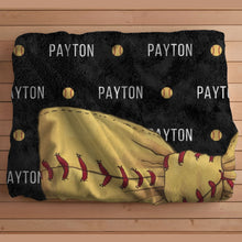 Load image into Gallery viewer, Personalized Softball Blanket Customizable with Softball Player Name, Number and Softball Coquette Bow
