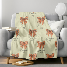 Load image into Gallery viewer, Personalized Basketball Blanket with Basketball Player Name, Number &amp; Coquette Bows
