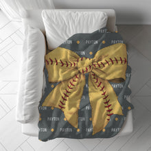 Load image into Gallery viewer, Personalized Softball Blanket Customizable with Softball Player Name, Number and Softball Coquette Bow
