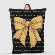 Load image into Gallery viewer, Personalized Softball Blanket Customizable with Softball Player Name, Number and Softball Coquette Bow
