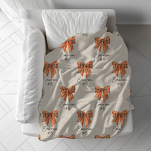 Load image into Gallery viewer, Personalized Basketball Blanket with Basketball Player Name, Number &amp; Coquette Bows
