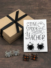 Load image into Gallery viewer, Halloween Teacher Earrings - One Spooktacular Teacher Spider Earrings
