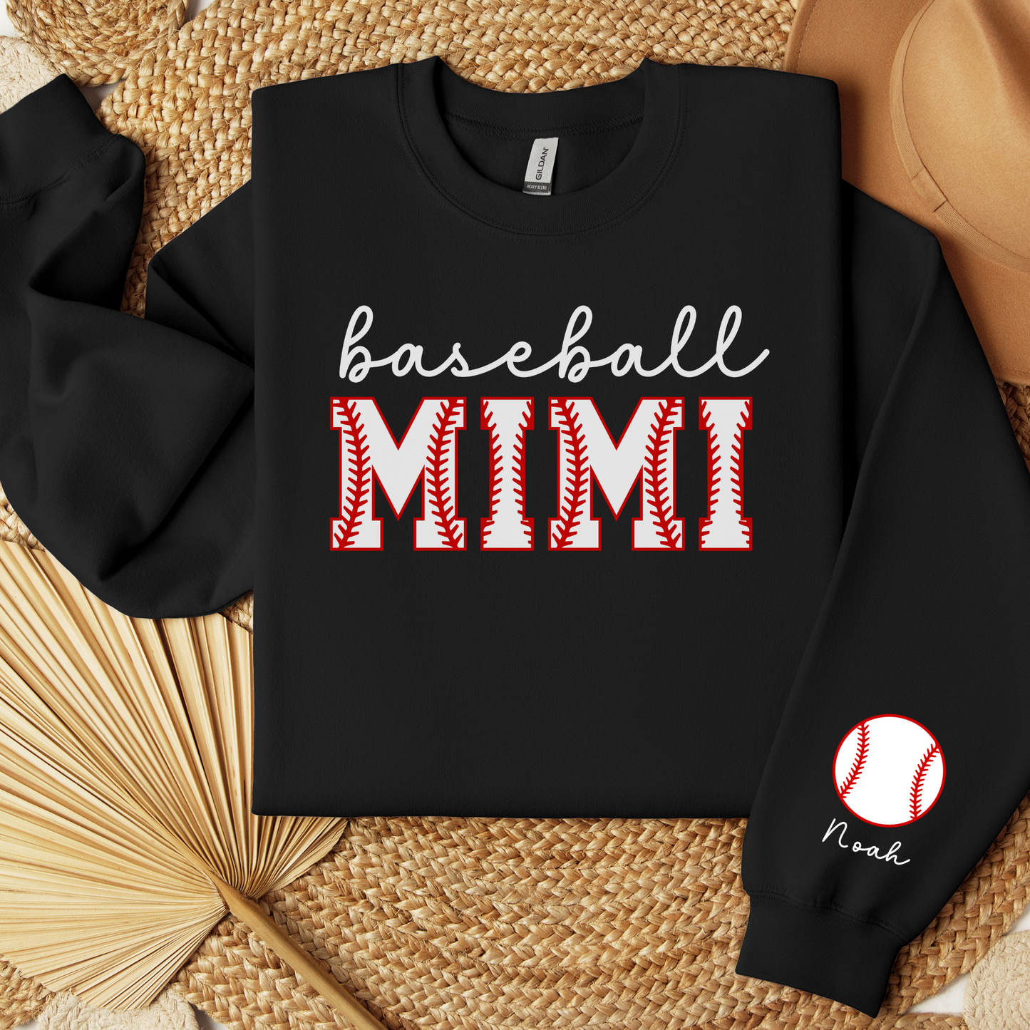 Mimi Sweatshirt Baseball Grandma Shirt Customized Sleeve Mimi Shirt Personalized Grandma Sweatshirt Mimi Gift Mimi Sweater Baseball Game Day Custom Baseball Gift, Personalized Retro Mimi Shirt shown in black