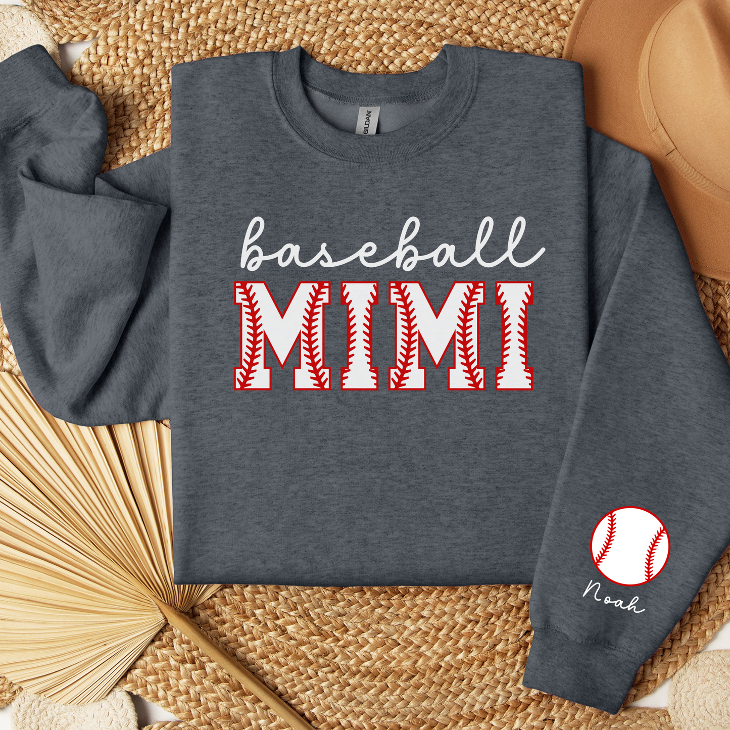 Mimi Sweatshirt Baseball Grandma Shirt Customized Sleeve Mimi Shirt Personalized Grandma Sweatshirt Mimi Gift Mimi Sweater Baseball Game Day Custom Baseball Gift, Personalized Retro Mimi Shirt shown in dark heather grey