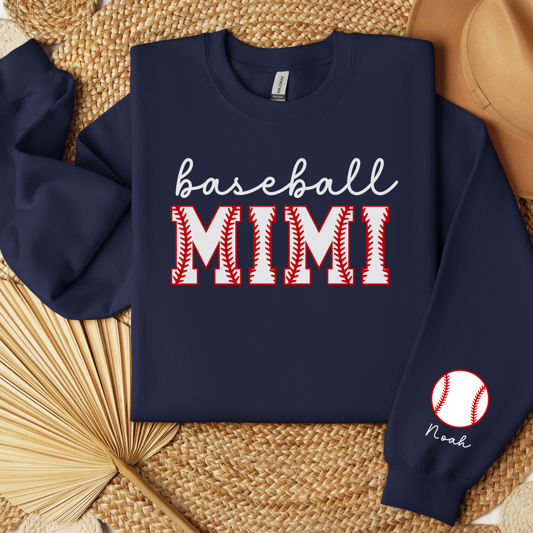 Mimi Sweatshirt Baseball Grandma Shirt Customized Sleeve Mimi Shirt Personalized Grandma Sweatshirt Mimi Gift Mimi Sweater Baseball Game Day Custom Baseball Gift, Personalized Retro Mimi Shirt shown in navy