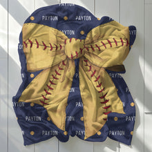 Load image into Gallery viewer, Personalized Softball Blanket Customizable with Softball Player Name, Number and Softball Coquette Bow
