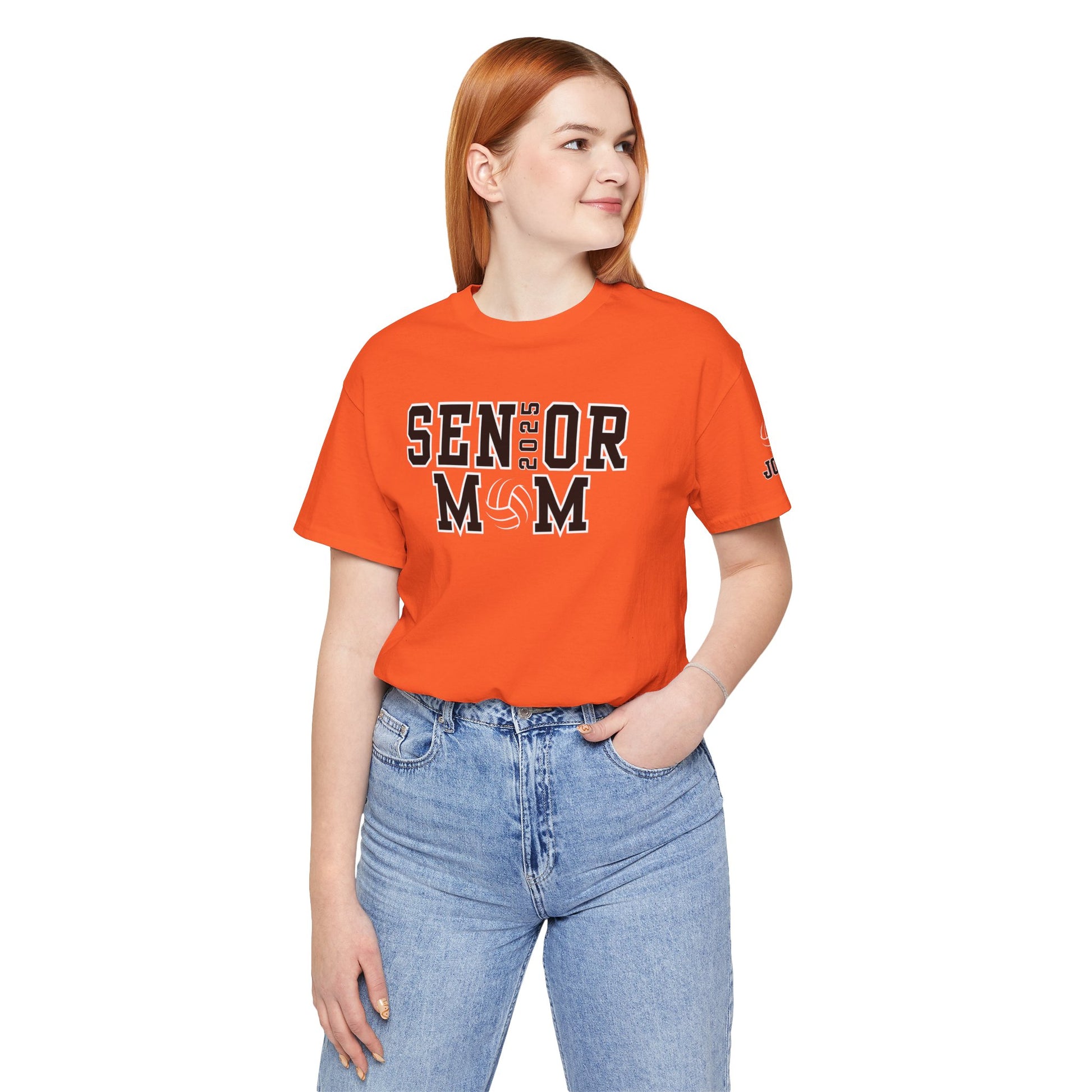 Custom Senior Volleyball Mom Shirt Name on Sleeve Volleyball Shirt Volleyball Dad Shirt Volleyball Gifts Matching Shirts Volleyball tshirt Volleyball Mom and Dad Shirts Volleyball tshirt family shown in orange