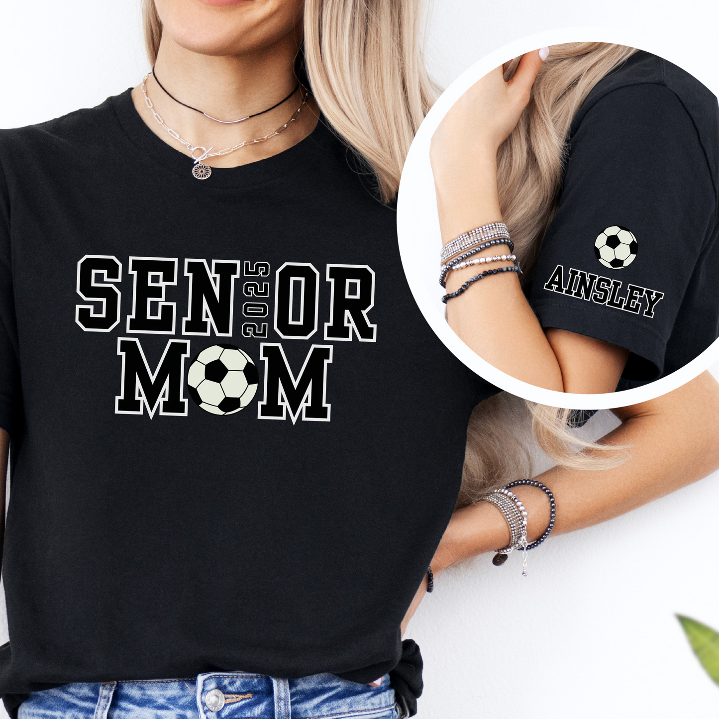 Senior Soccer Dad Shirt or Senior Soccer Mom Shirt with Custom Name on Sleeve