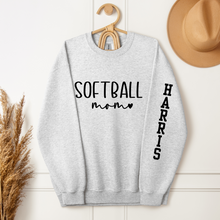 Load image into Gallery viewer, Softball Mom Sweatshirt with Custom Sleeve Name - shown in ash
