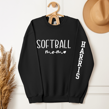 Load image into Gallery viewer, Softball Mom Sweatshirt with Custom Sleeve Name - shown in black
