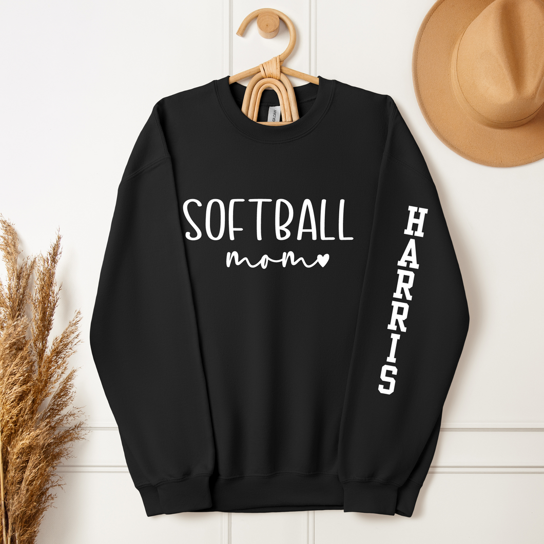 Softball Mom Sweatshirt with Custom Sleeve Name - shown in black