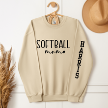 Load image into Gallery viewer, Softball Mom Sweatshirt with Custom Sleeve Name - shown in sand
