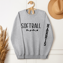 Load image into Gallery viewer, Softball Mom Sweatshirt with Custom Sleeve Name - shown in sport grey
