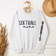 Load image into Gallery viewer, Softball Mom Sweatshirt with Custom Sleeve Name - shown in white
