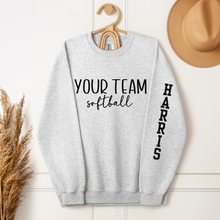 Load image into Gallery viewer, Custom Softball Sweatshirt with Team Name and Custom Name Sleeve shown in ash
