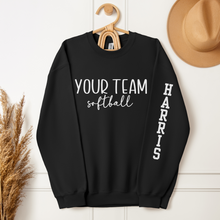Load image into Gallery viewer, Custom Softball Sweatshirt with Team Name and Custom Name Sleeve shown in black

