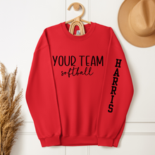 Load image into Gallery viewer, Custom Softball Sweatshirt with Team Name and Custom Name Sleeve shown in red
