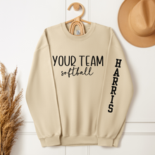 Load image into Gallery viewer, Custom Softball Sweatshirt with Team Name and Custom Name Sleeve shown in sand
