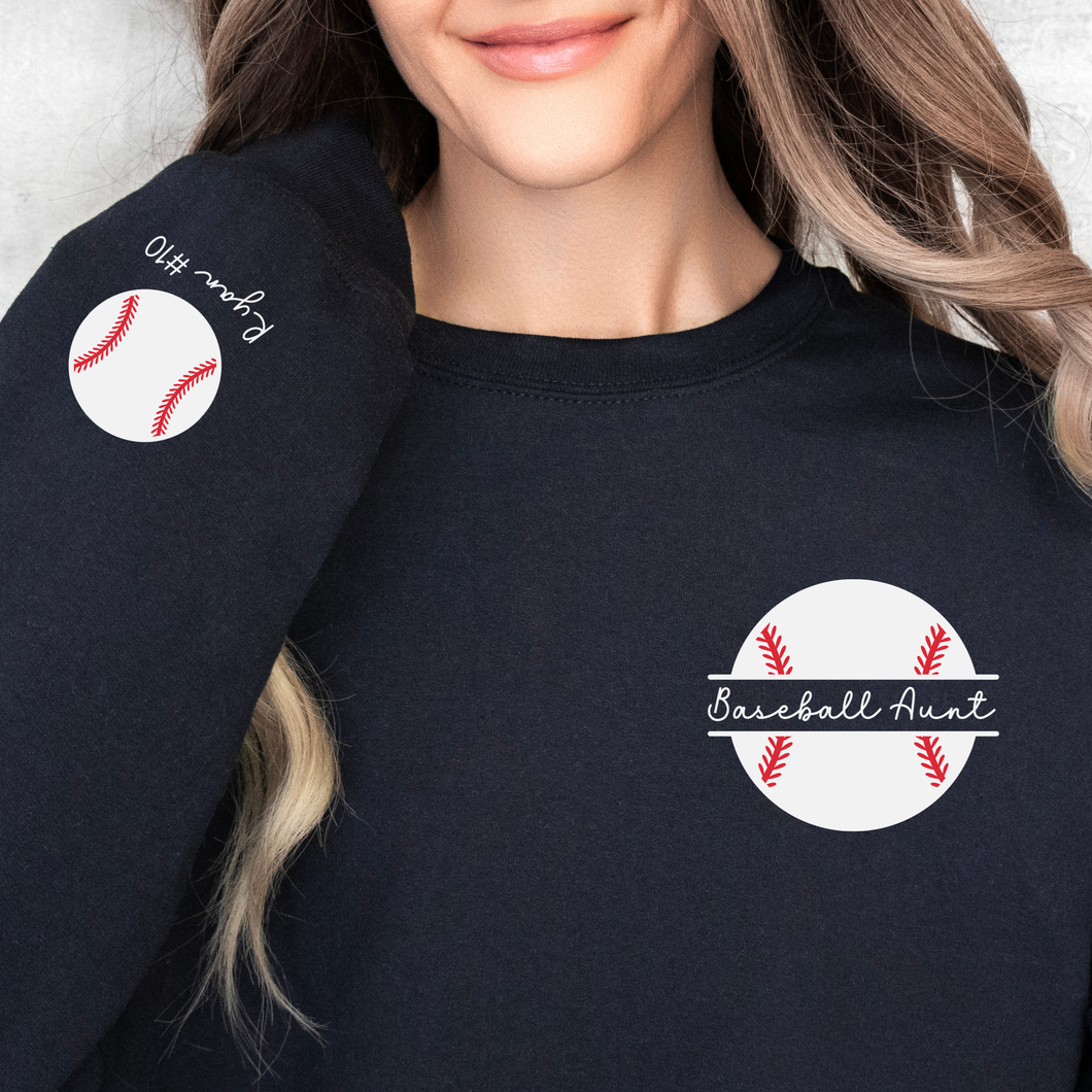 Custom Sleeve Print Baseball Aunt Sweatshirt Personalized with Name on Sleeve shown in black