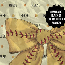 Load image into Gallery viewer, Personalized Softball Blanket Customizable with Softball Player Name, Number and Softball Coquette Bow
