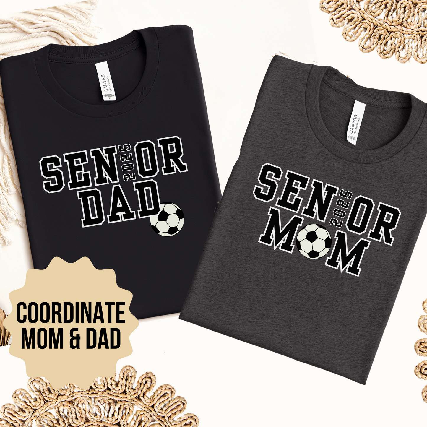 Senior Soccer Dad Shirt or Senior Soccer Mom Shirt with Custom Name on Sleeve