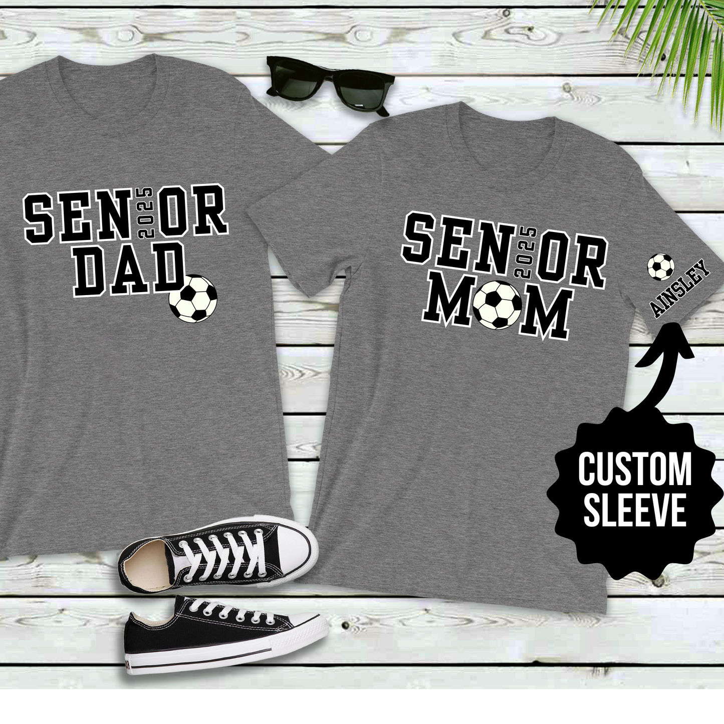 Senior Soccer Dad Shirt or Senior Soccer Mom Shirt with Custom Name on Sleeve