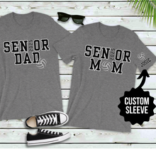 Load image into Gallery viewer, Custom Senior Volleyball Mom Shirt Name on Sleeve Volleyball Shirt Volleyball Dad Shirt Volleyball Gifts Matching Shirts Volleyball tshirt Volleyball Mom and Dad Shirts Volleyball tshirt family shown in grey
