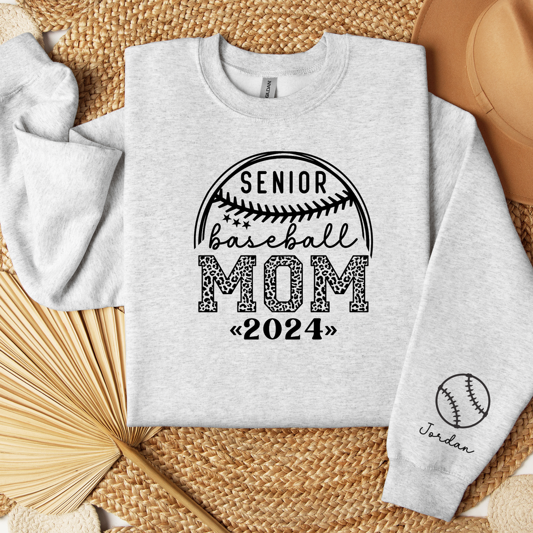 Custom Senior Mom Baseball Sweatshirt with Personalized Name on Sleeve for Senior 2024 shown in ash